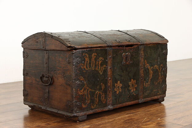 Immigrant Antique 1798 Farmhouse Pine Trunk, Hand Painted Dovetail Joints #37412 photo