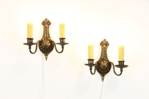 Pair of Antique Brass Double Wall Sconce Lights, Beeswax Drip Candles #38013 photo