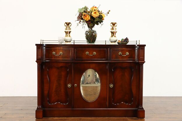 Traditional Antique Leather Top Sideboard, Server, Buffet, Convex Mirror #38392 photo