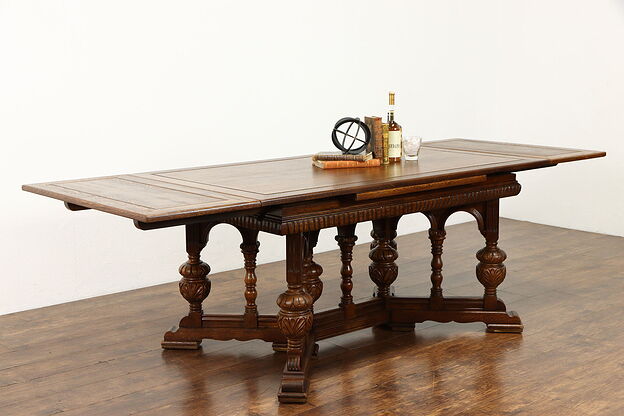 Renaissance Carved Oak Antique Dining or Library Table, Extends 8 1/2' #38480 photo