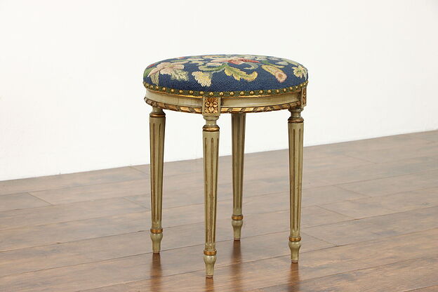 Painted Louis XVI Antique Oval Gilt Stool Needlepoint Upholstery, Colby #38301 photo