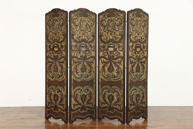 Spanish Colonial Antique Embossed 4 Panel Hand Painted Leather Screen #38691 photo