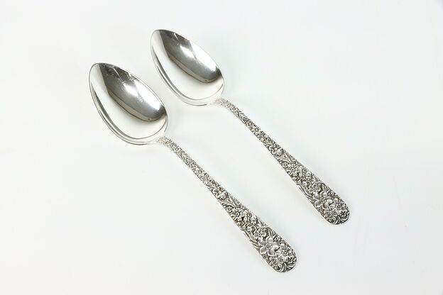 Repousse Kirk Stieff Sterling Silver 2 Large Serving Spoons 8.25" #38769 photo