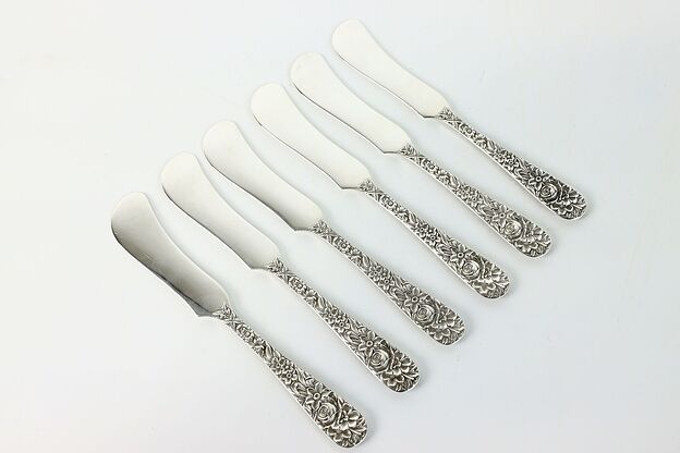 Set of 6 Sterling Butter Knives, Kirk and Son, Repousse Silver 5 1/8" #38893 photo