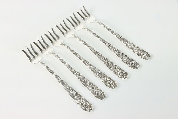 Set of 6 Sterling Kirk and Son Seafood Cake Forks, Repousse Silver, 5.5" #38895 photo