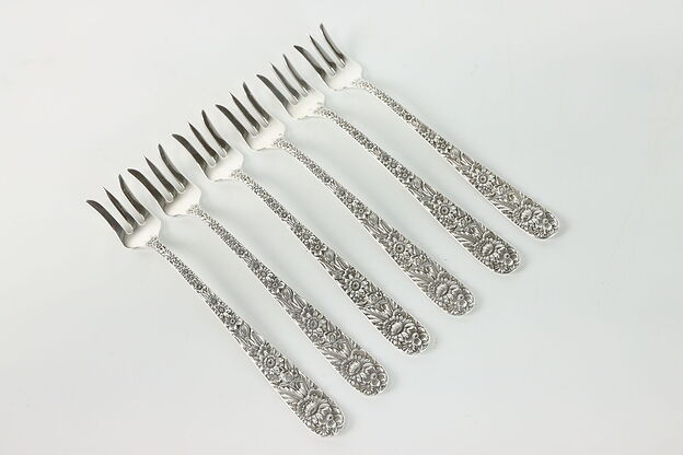 Set of 6 Sterling Kirk and Son Repousse Seafood Cake Forks Silver, 5.5" #38896 photo