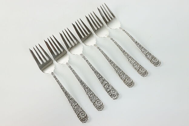 Set of 6 Sterling Kirk and Son Salad Dessert Forks Repousse Silver 6.25" #38901 photo