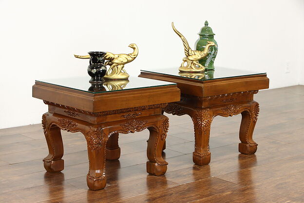 Pair of Vintage Elephant Carved Teak Glass Top End or Lamp Tables #38363 photo