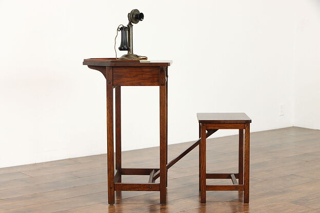 Arts & Crafts Mission Oak Antique Telephone Stand & Bench Betuma #38507 photo