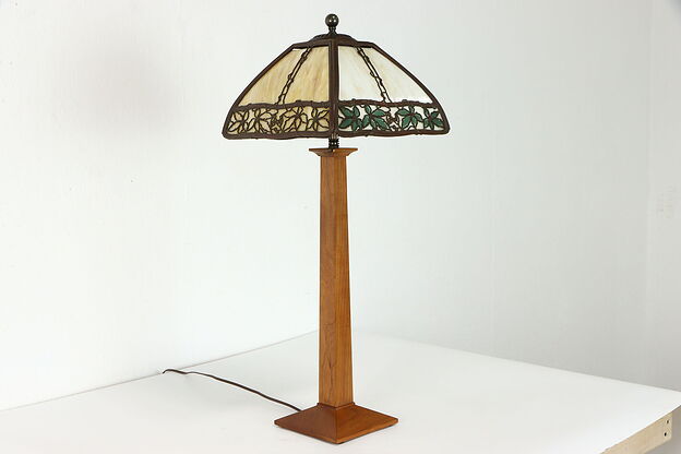 Stickley Cherry Table or Desk Lamp, Antique Curved Stained Glass Shade #39262 photo