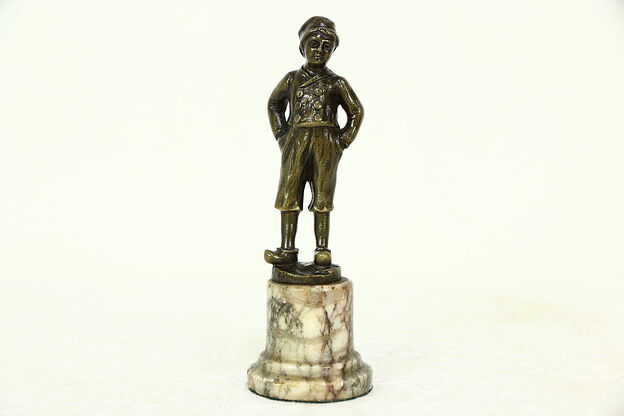 Bronze Antique Sculpture of a Boy wearing Wooden Shoes, Marble Base photo