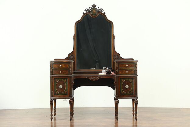 Vanity or Dressing Table with Mirror, Walnut, Painting, Berkey & Gay #28579 photo