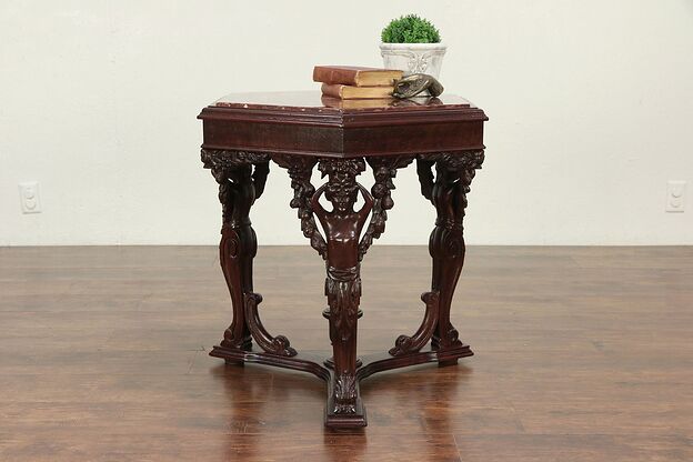 Marble Top Antique Hexagonal Chairside, Lamp or End Table, Carved Figures #29309 photo