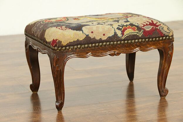 French Antique Hand Carved Footstool, Old Needlepoint Upholstery, Colby  #30786 photo