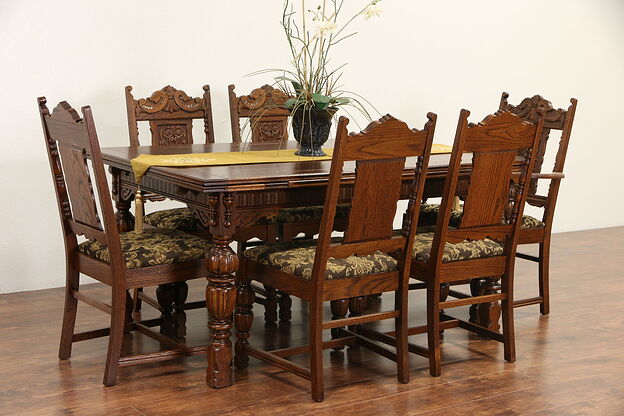 English Tudor 1920 Antique Carved Oak Dining Set, Table & 6 Chairs photo