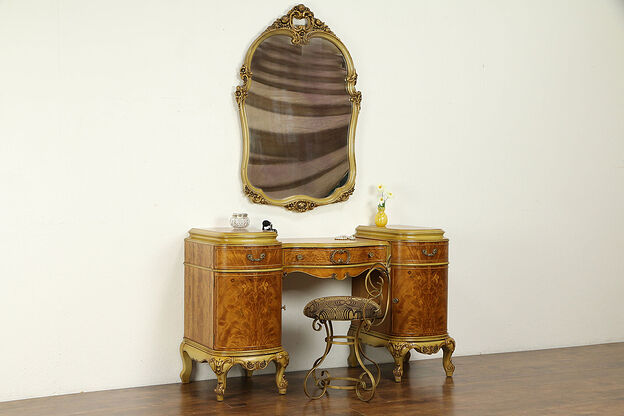 French Style Vintage Satinwood Vanity or Dressing Table & Mirror #31488 photo