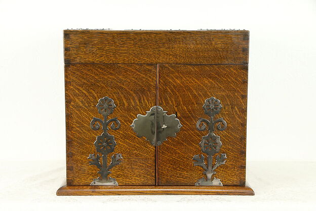 Victorian Oak Antique Liquor & Cigar Case Bar Cabinet, 4 Cut Decanters #31147 photo
