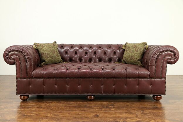 Chesterfield Tufted Leather Vintage Sofa, Brass Nailhead Trim #31173 photo