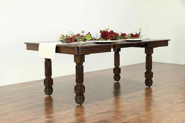 Victorian Square Oak Antique Dining Table, 3 Leaves, Extends 75" #30595 photo