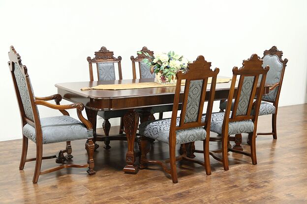 Renaissance Antique Dining Set, Table, 6 Chairs New Fabric Signed Johnson #28826 photo