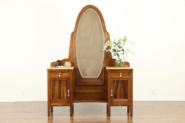Oak French Art Deco Antique Vanity or Dressing Table, Beveled Mirror #31174 photo