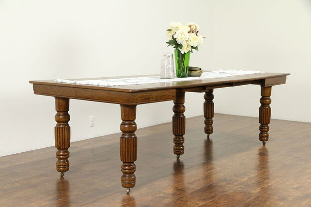 Victorian Antique Square Oak Dining Table, 5 Leaves, Extends 99" #31344 photo
