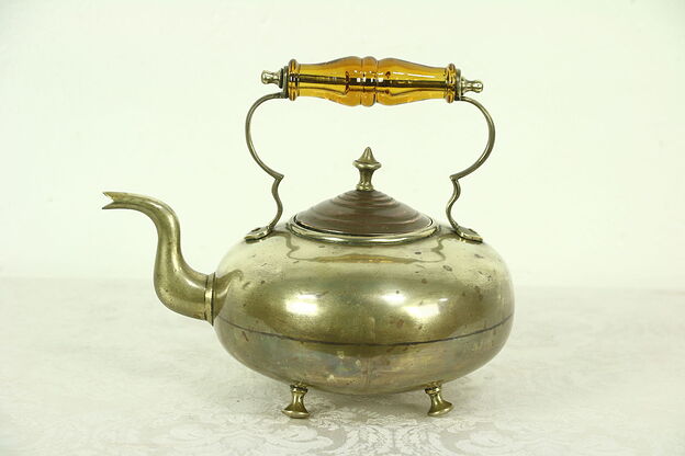 Brass Antique Tea Kettle, Copper Lid & Glass Handle, Signed JCB photo
