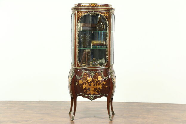 Bombe Marquetry Antique Vitrine or Curio Display Cabinet, Curved Glass, France photo