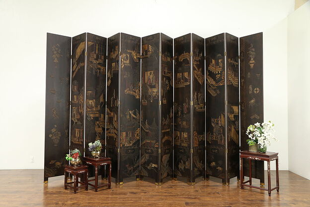 Chinese Antique 12 Panel Hand Painted Large Coromandel Screen, 16'  #31218 photo