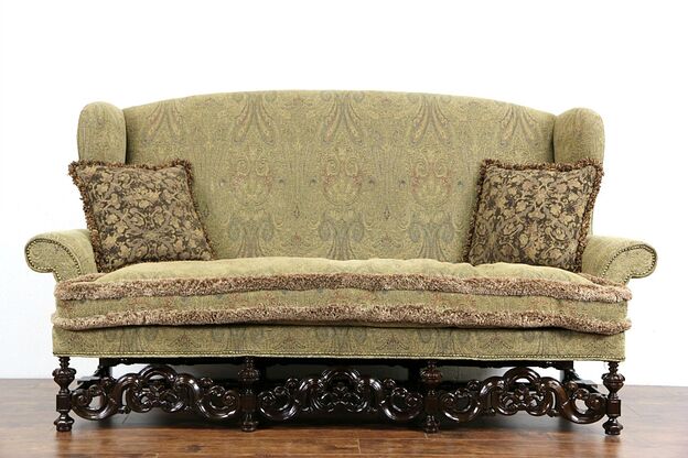 English Renaissance Style Tall Wing Carved Walnut Vintage Sofa, 1 of 2 photo