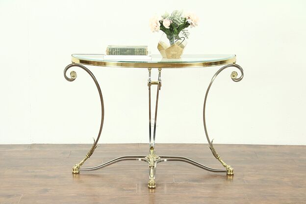 Brass & Nickel Beveled Glass Contemporary Demilune Console Table Horse Hoof Feet photo