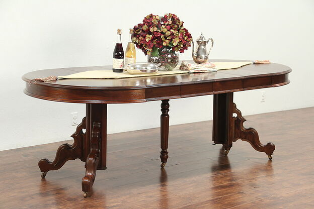 Victorian Antique Round Walnut Dining Table, 4 Leaves, Extends 7' 5" #29110 photo