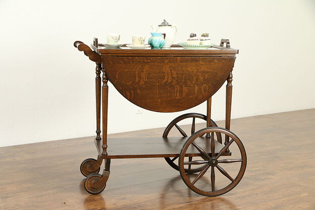 Oak Antique Bar Cart, Tea, Beverage & Dessert Trolley, Glass Tray #31640 photo