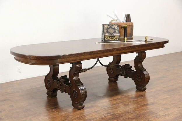 Spanish Colonial Carved Oak Desk, Hall, Dining, Conference or Library Table photo