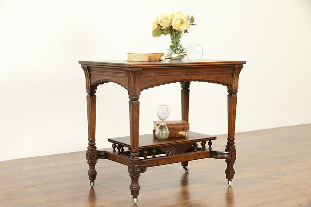 Victorian Eastlake Antique Carved Walnut Parlor or Lamp Table #32021 photo