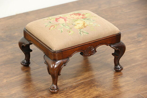 Carved Mahogany 1910 Antique Footstool, Hand Stitched Needlepoint Upholstery photo