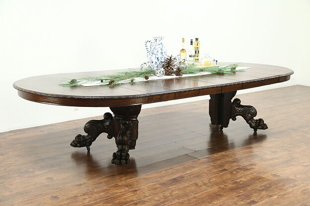 Oak 1900 Antique 5' Round Dining Table, 6 Leaves, Carved Lion Paw 11' Long photo