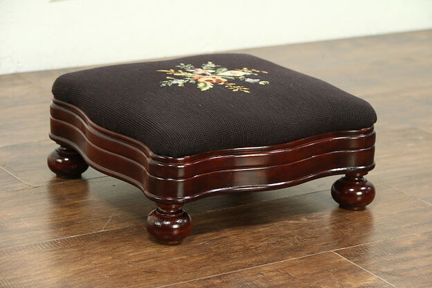 Empire Style Cherry Vintage Footstool, Needlepoint Upholstery #28782 photo