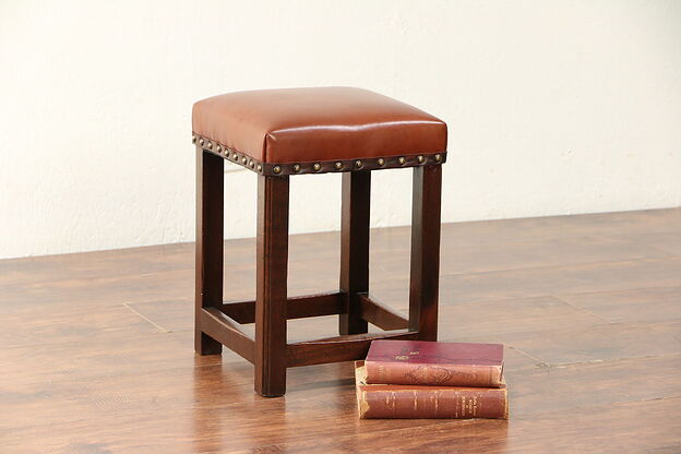 Mahogany Antique Stool or Footstool, New Leather Seat #29864 photo