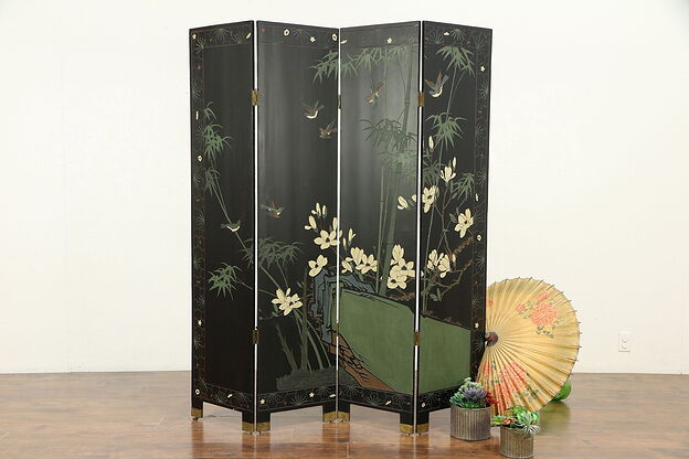 Chinese 4 Panel Silver Leaf Coromandel Carved Lacquer Vintage Screen #30090 photo