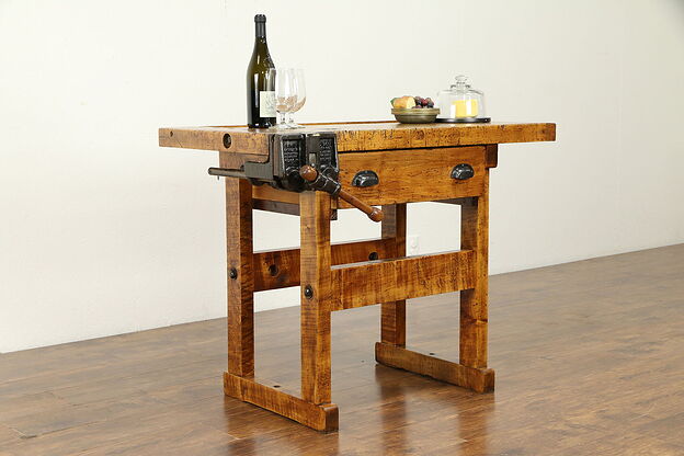 Carpenter Antique Maple Workbench, Kitchen Island or Wine & Cheese Table #31491 photo