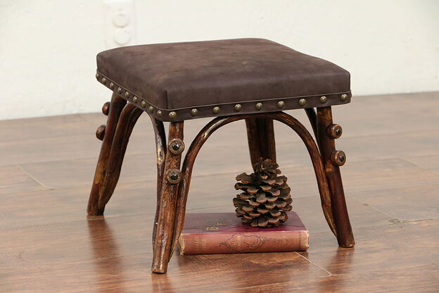 Twig Bentwood Antique Rustic Footstool, New Leather Seat #29863 photo