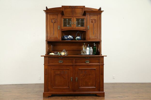 Arts & Crafts Antique Scandinavian Sideboard Server & China Cabinet #31389 photo