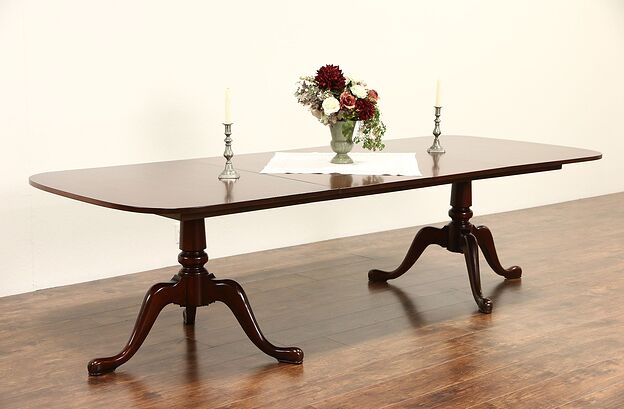 Mahogany Traditional 2 Pedestal 1950 Vintage Dining Table, 2 Leaves Extend 9' photo