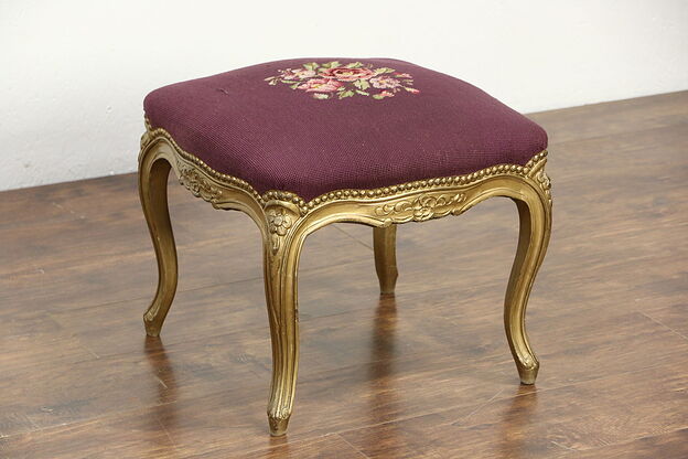 French Carved Vintge Footstool or Bench, Needlepoint Upholstery, Gold Finish photo