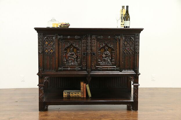Gothic Antique Carved Oak Cabinet or TV Console, Reading Sculptures #31757 photo
