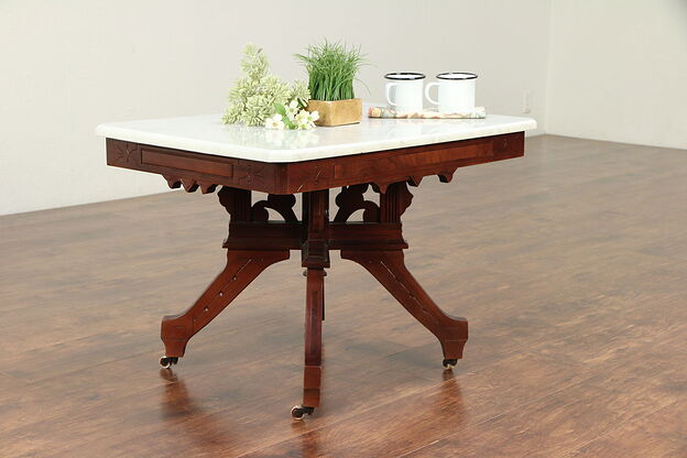 Victorian Eastlake Antique Walnut Marble Top Coffee Table #29312 photo