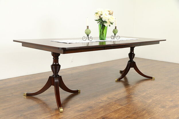 Banded Mahogany Vintage Dining Table, 2 Pedestals, 3 Leaves, Extends 100" #31142 photo