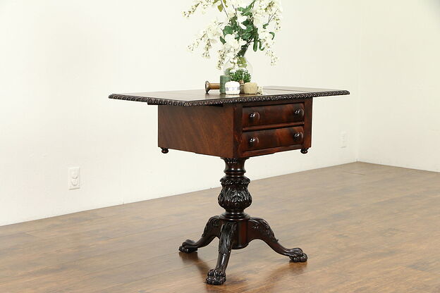 Empire Carved Mahogany Antique Pembroke Dropleaf Lamp Table, Nightstand #31459 photo
