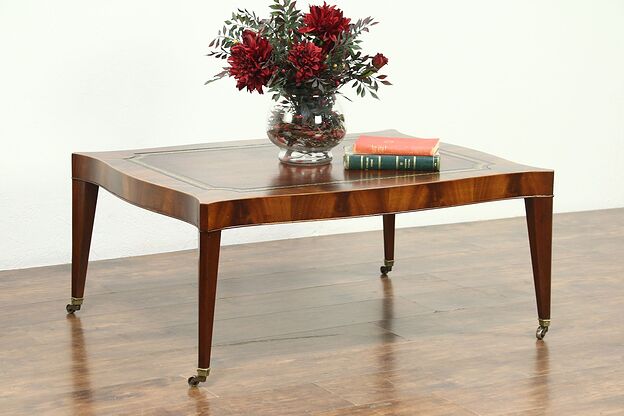 Regency Style Vintage Coffee Table, Mahogany & Tooled Leather, Weiman #28604 photo